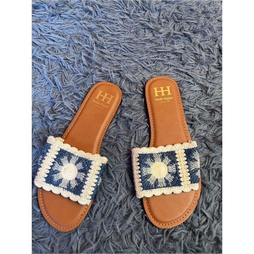 Haute Hippie Crochet Rianne Slide Sandals in Blue White Size 8.5